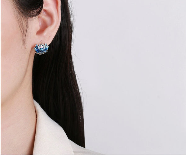VG-Sterling Silver Earrings -  Cloisonné Lotus
